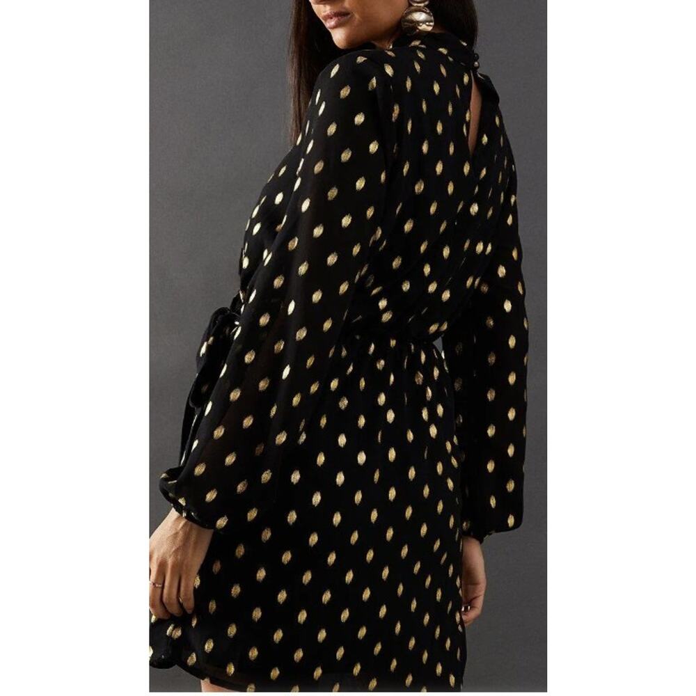 Hunter Dixon Anthropologie Silk Belted Mini Dress Sz 4 S Black Gold Foil Dot